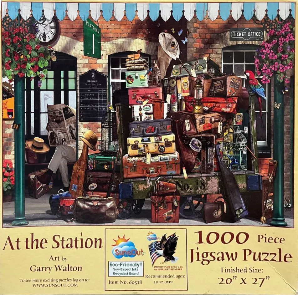 An illustration of a cluttered railway station platform filled with stacks of vintage luggage, a train bulletin, and plants.