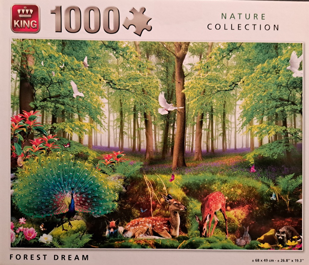 A fantasy forest scene with a peacock, deer, and other woodland animals amidst trees and wildflowers.
