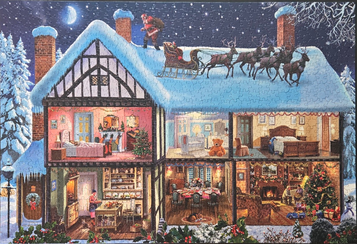 A cutaway illustration of a snowy Tudor house at night with Santa Claus on the roof and cozy interior rooms.