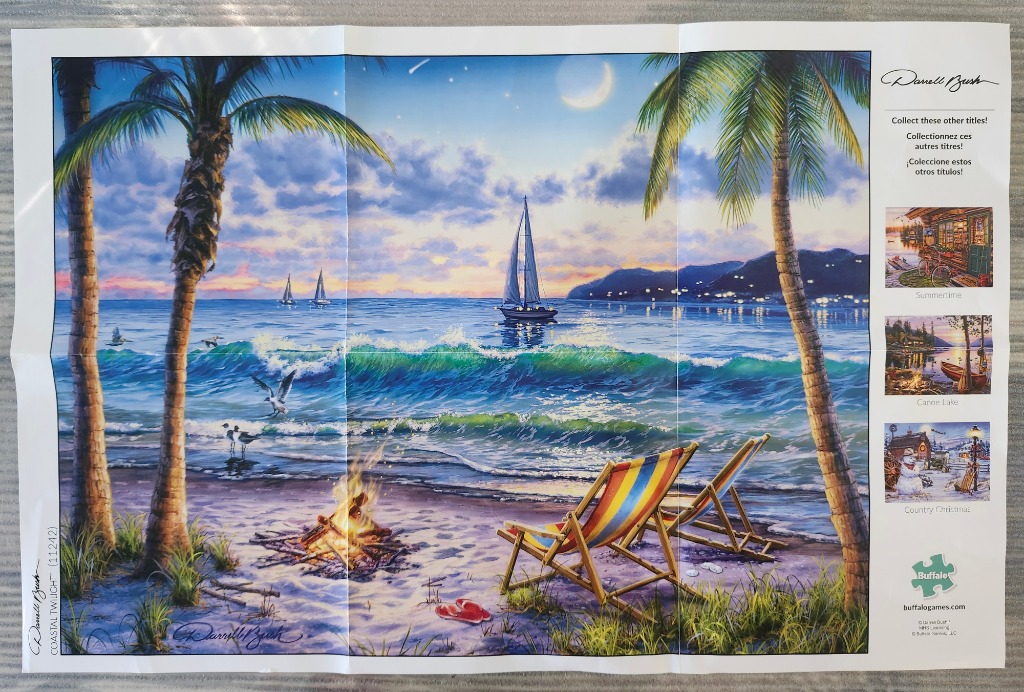 A peaceful coastal beach scene at twilight with a bonfire, deck chairs, sailboats, and a crescent moon.
