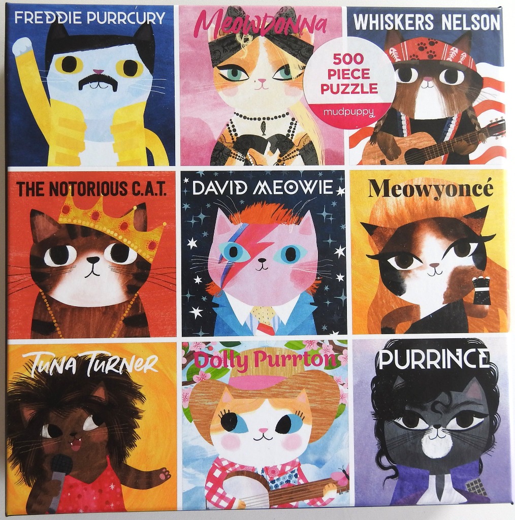A grid of nine stylized cat portraits representing famous musical icons.
