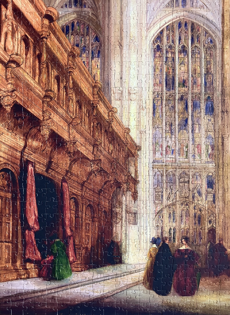 An oil painting of the interior of a grand Gothic cathedral with intricate woodwork and stained glass windows.