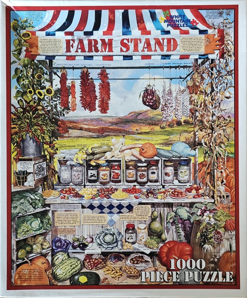 Illustration of a rustic farm stand filled with fresh produce, dried herbs, and glass jars.