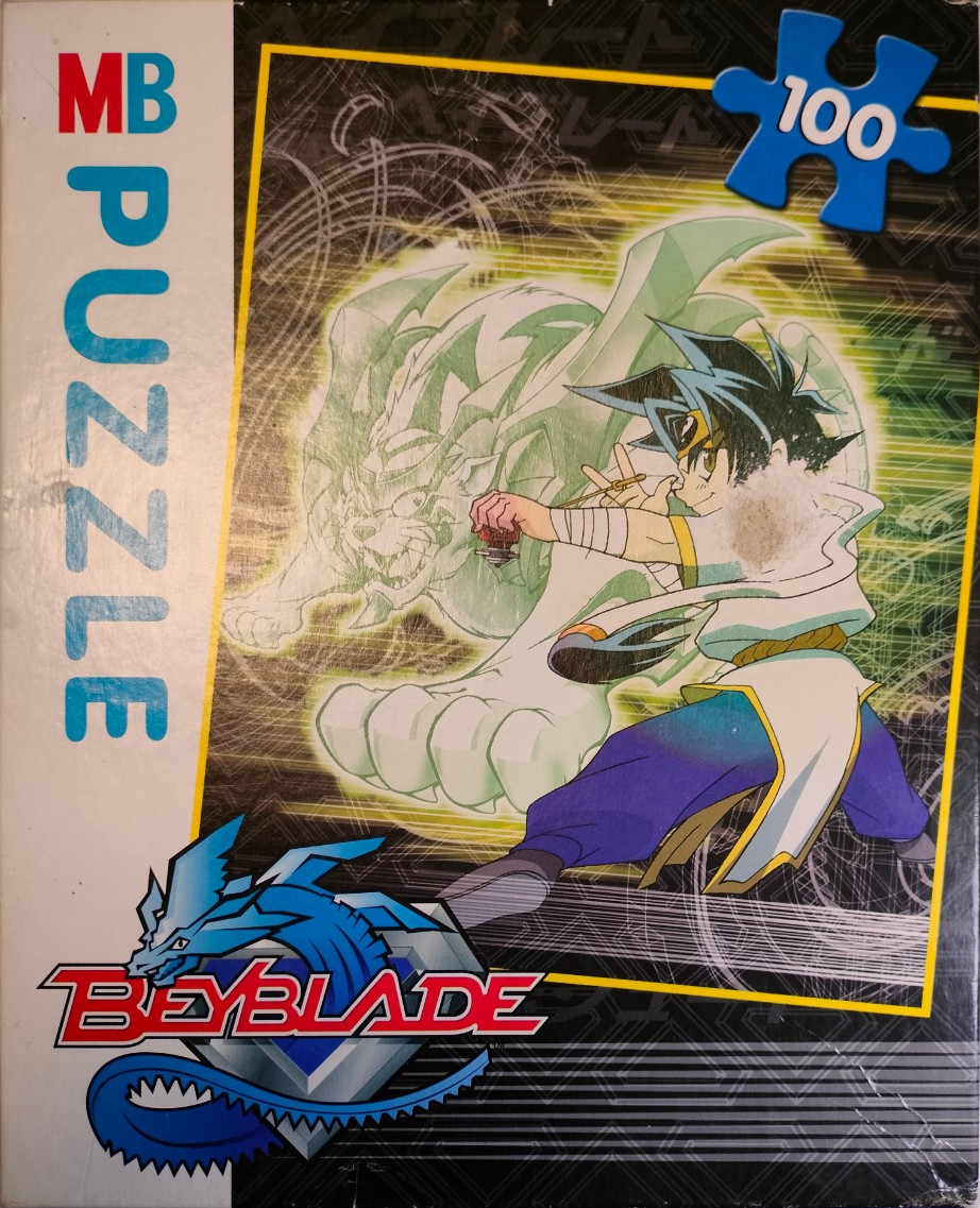 Anime-style character launching a spinning top toy with a ghostly tiger spirit behind him.