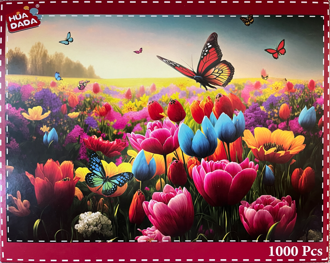 A vibrant meadow of colorful tulips with several butterflies flying under a golden sunset sky.