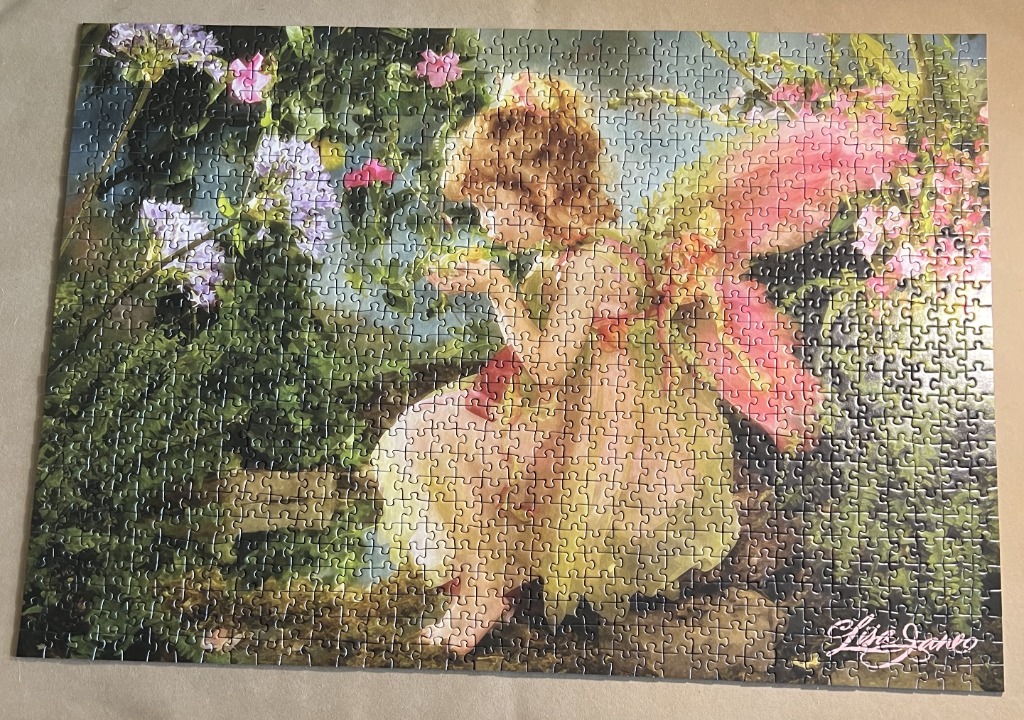 A Victorian-style painting of a young girl with fairy wings in a lush garden filled with flowers.
