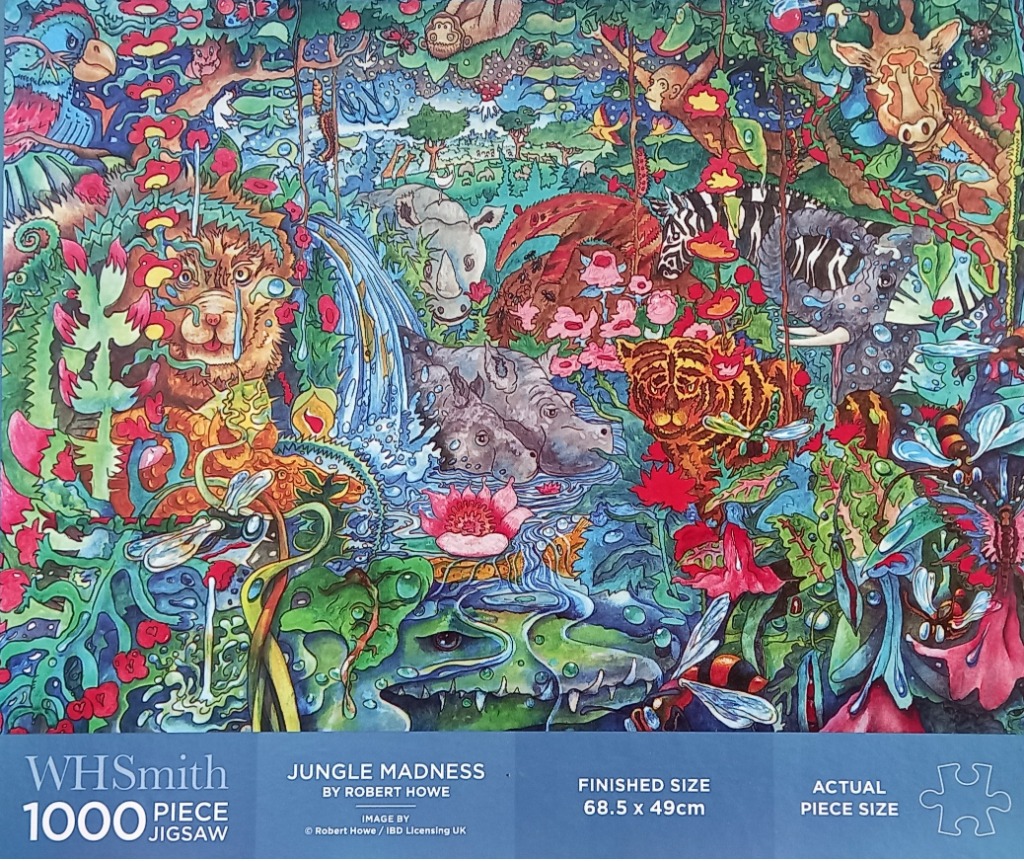 A dense, vibrant illustration of a jungle scene filled with many exotic animals and lush flora.