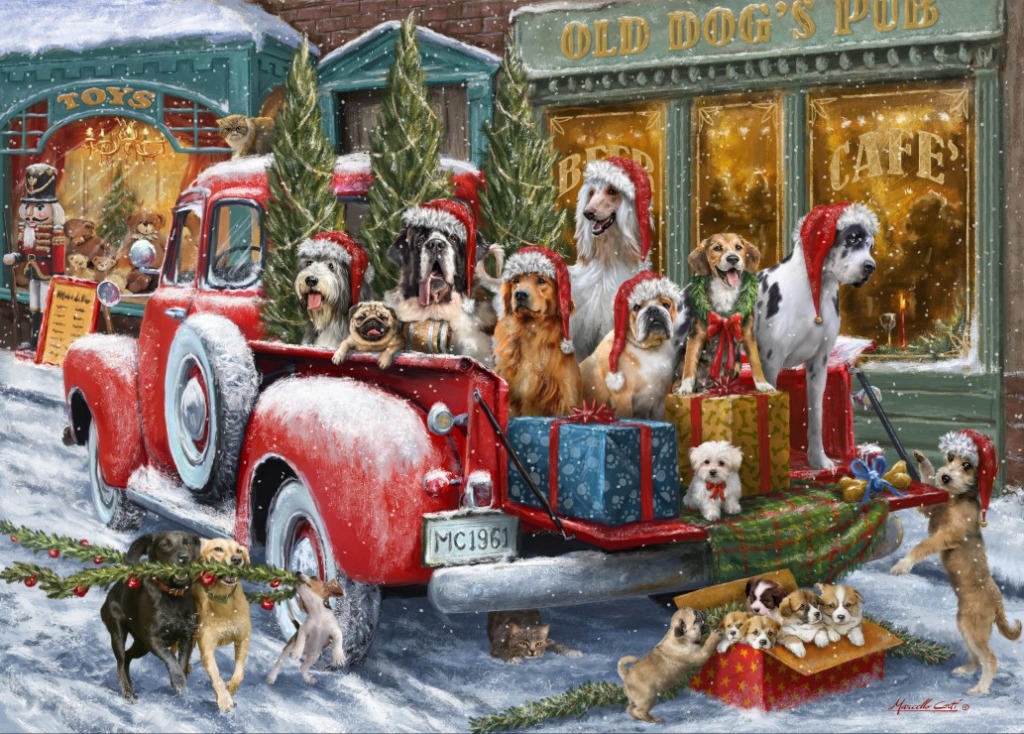 A festive red pickup truck loaded with various dog breeds wearing Santa hats in a snowy village scene.