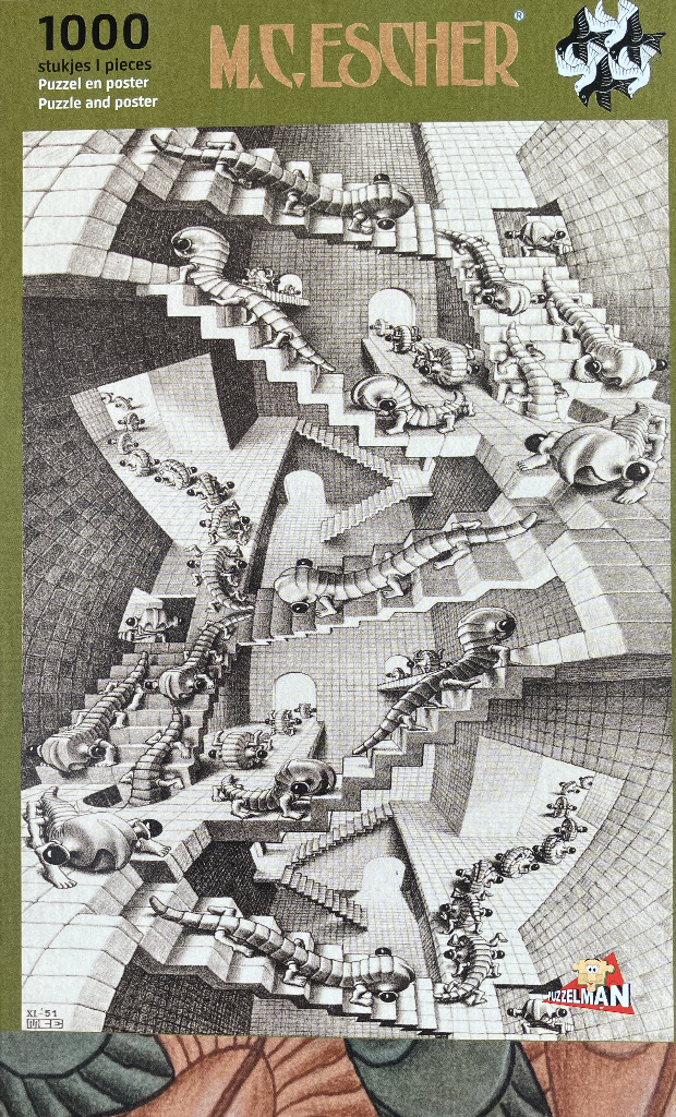 A black and white ink drawing featuring segmented creatures crawling along an impossible, multi-directional staircase.