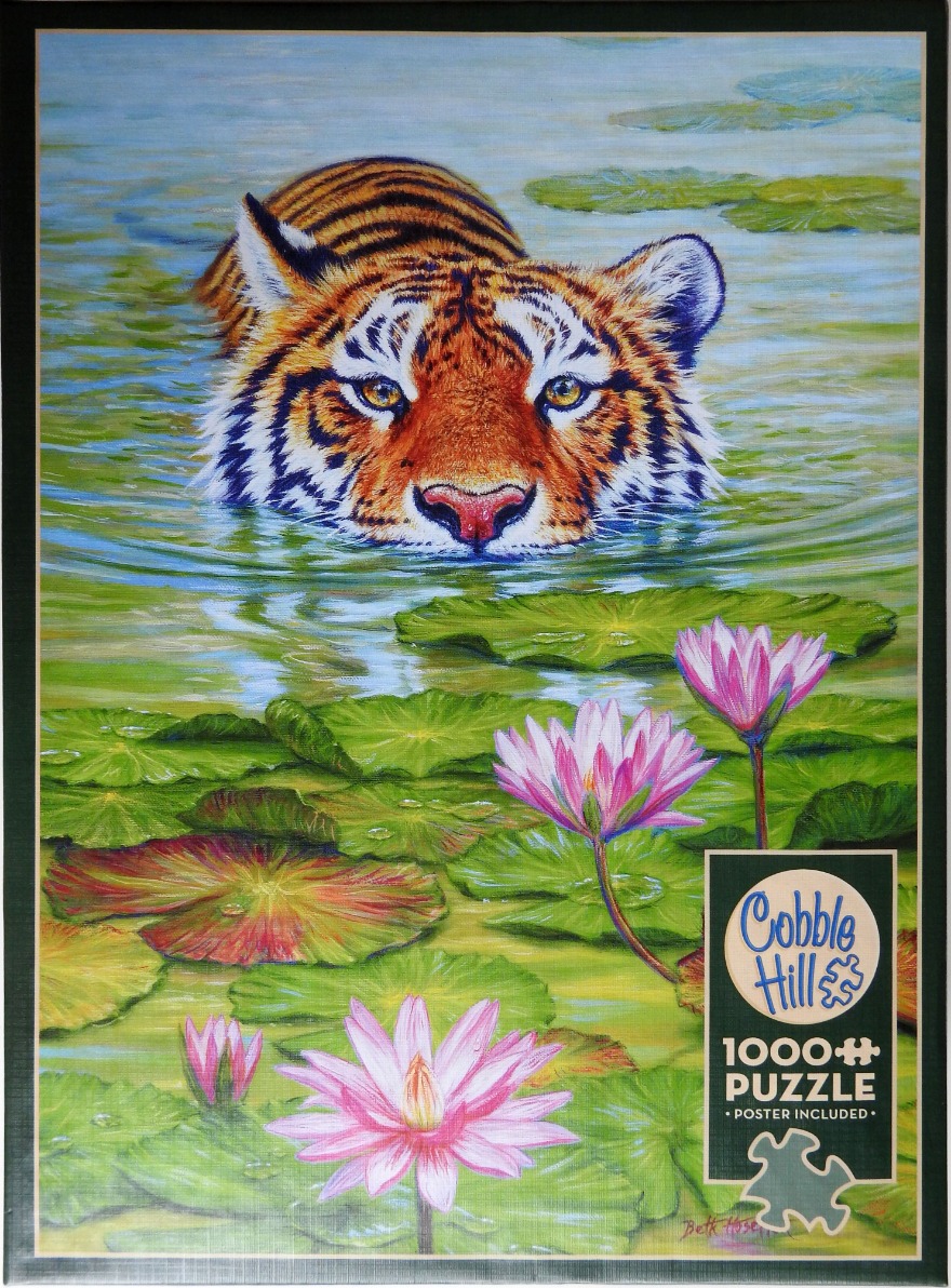 A realistic oil painting of a tiger swimming through a pond filled with bright pink lotus flowers and green lily pads.