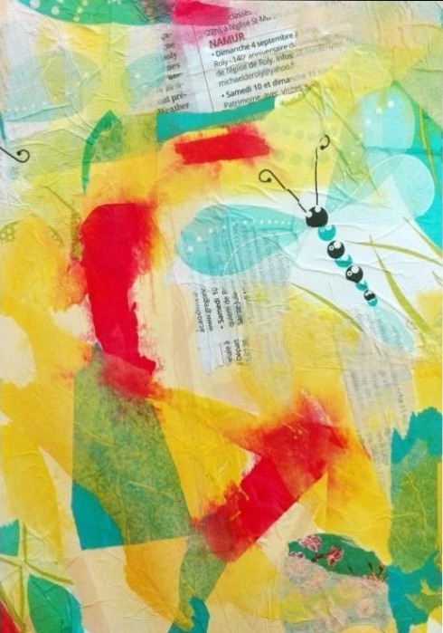 Abstract collage featuring a whimsical dragonfly atop layers of yellow, teal, and red painted tissue paper and newsprint.