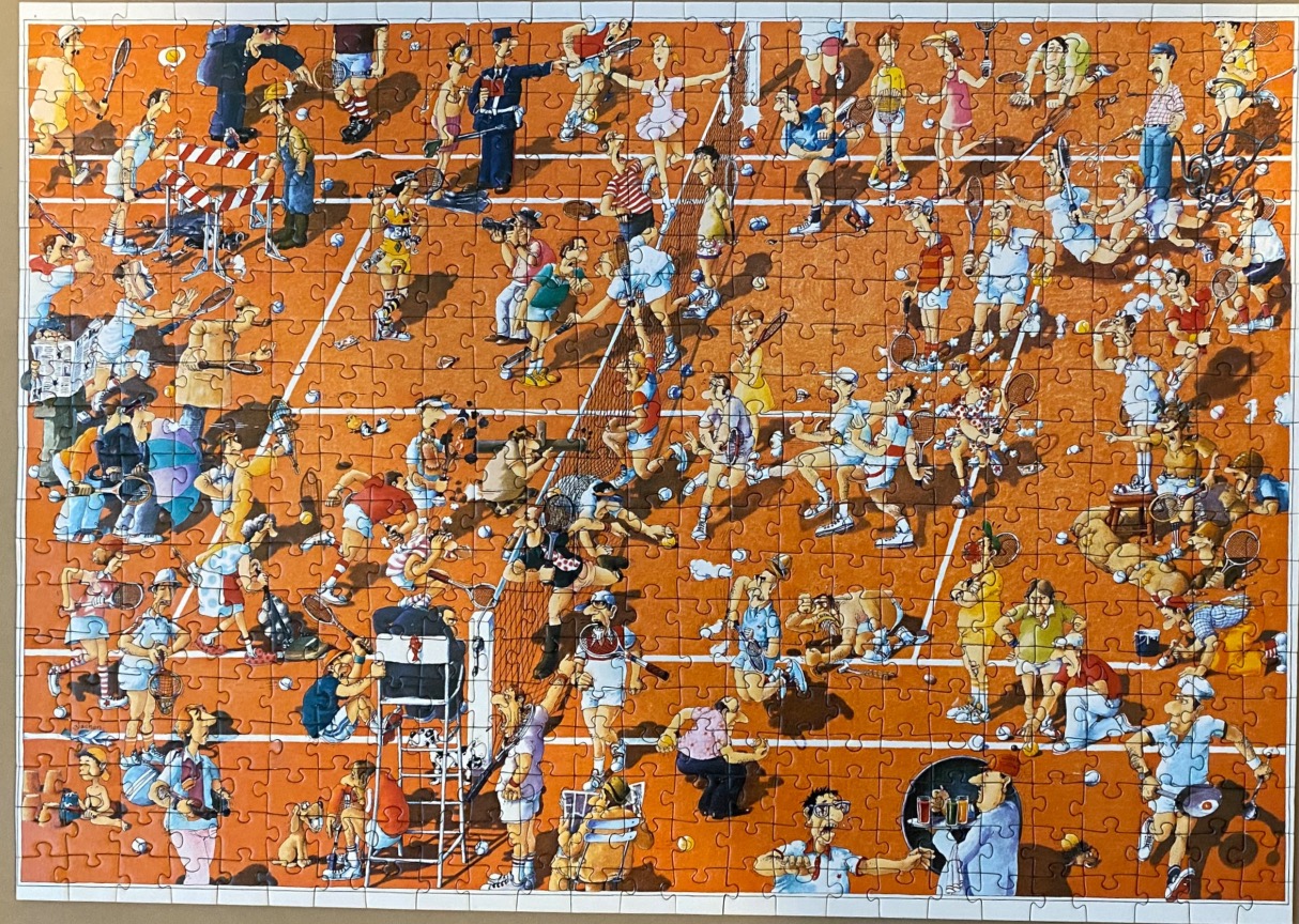 Cartoon illustration of a chaotic tennis match on a red clay court filled with humorous characters.