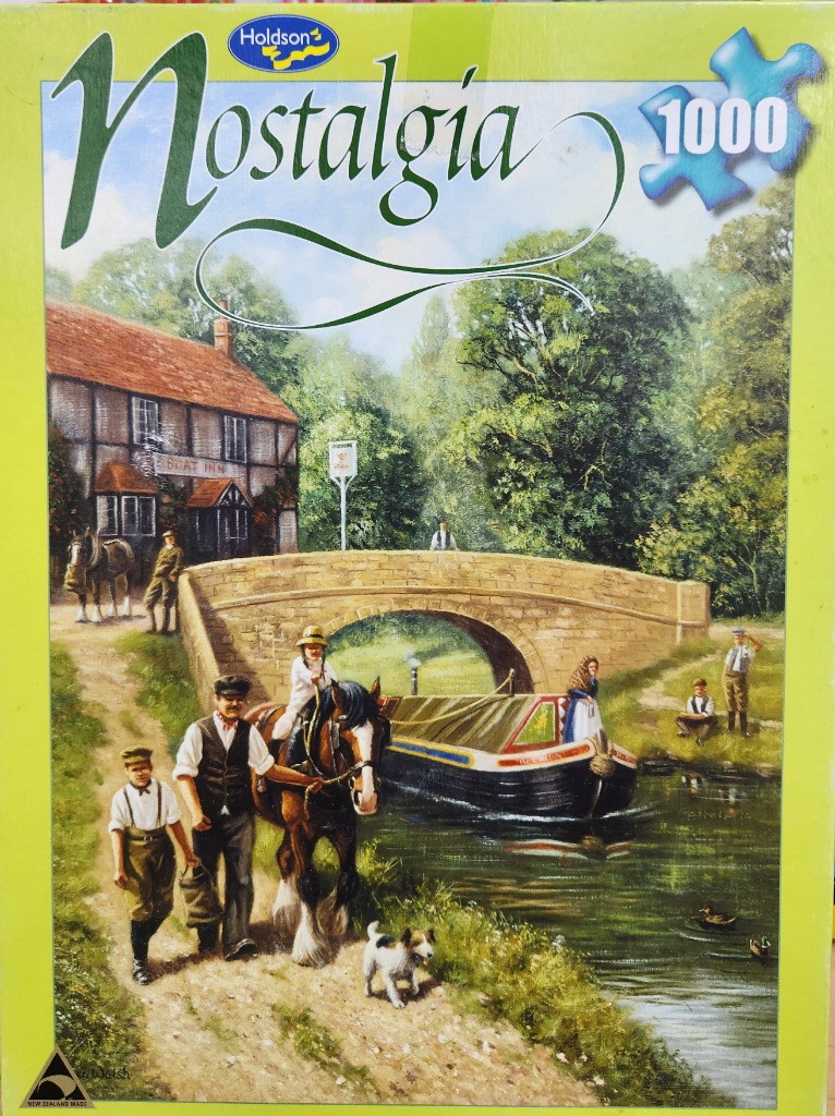 An idyllic 19th-century English canal scene featuring a horse-drawn barge and a stone bridge.