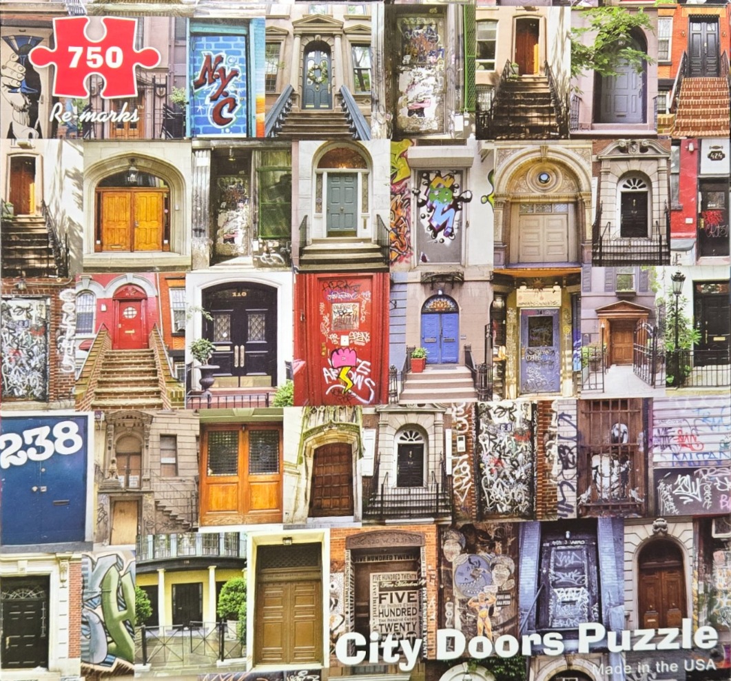A collage of diverse front doors and building entrances in New York City.