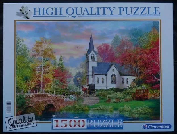 A white country church by a stone bridge and pond surrounded by autumn trees and a horse-drawn carriage.