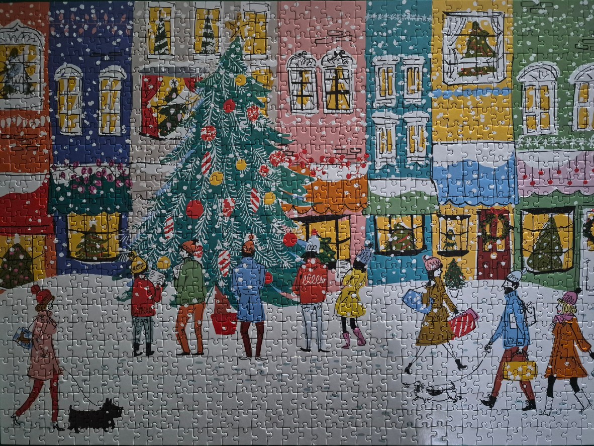 An illustration of people strolling through a snowy town square decorated for the holidays with a large Christmas tree.