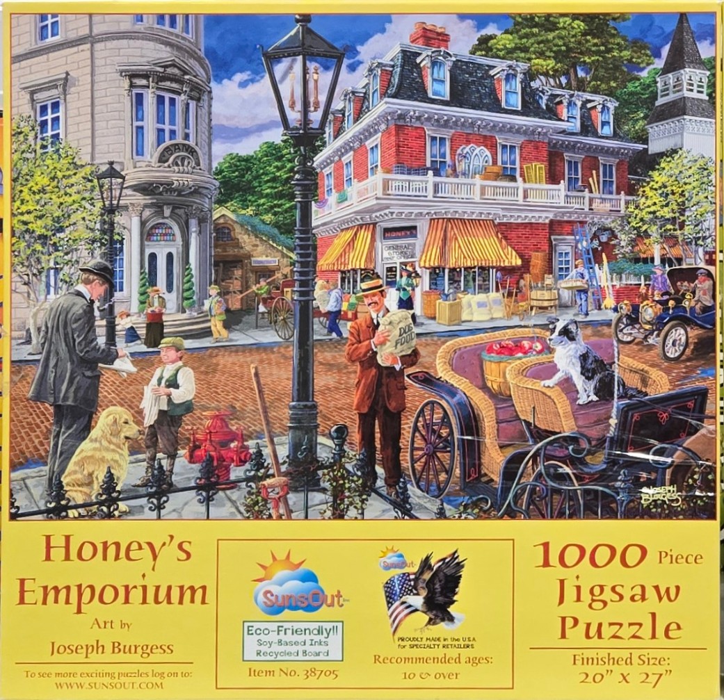 A nostalgic street scene featuring brick buildings, antique cars, and period-dressed figures in a charming town square.
