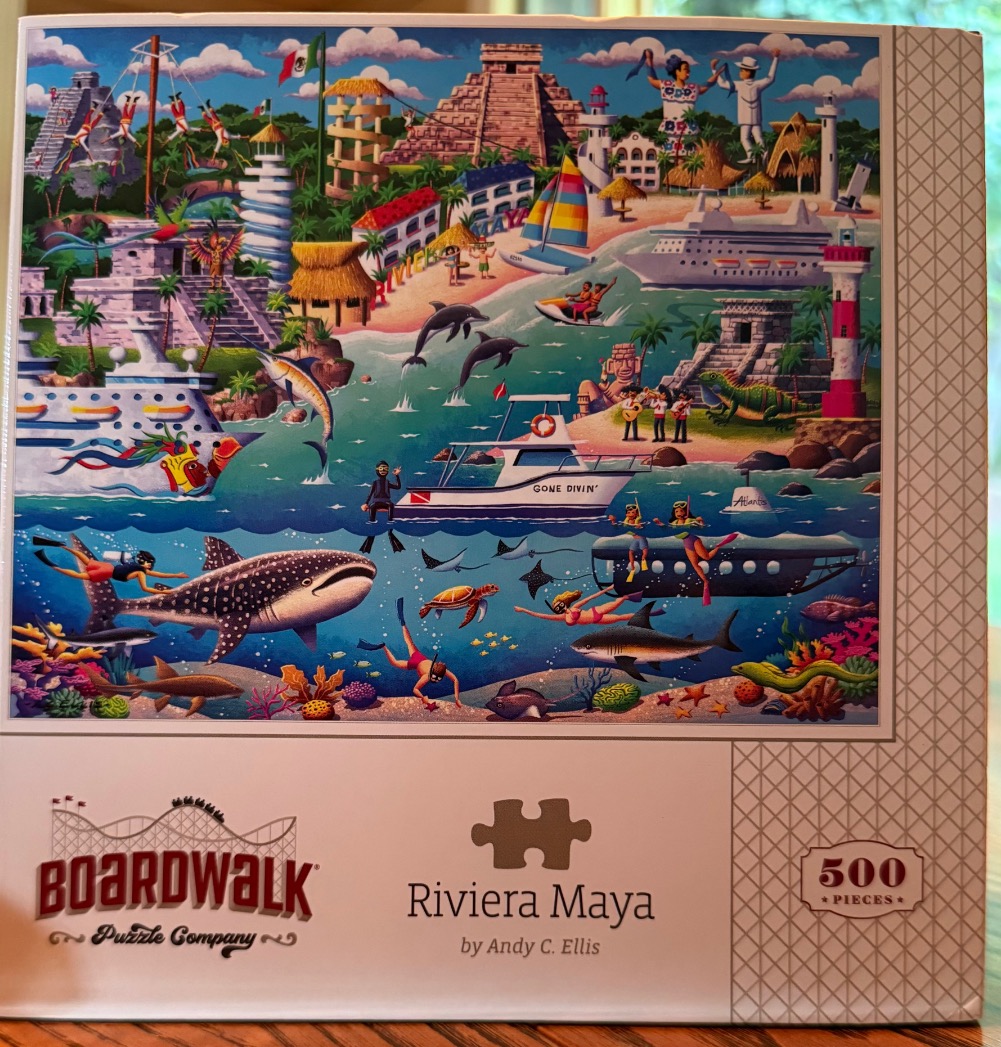Illustrated montage of the Riviera Maya featuring Mayan ruins, cruise ships, marine life, and vacation activities.
