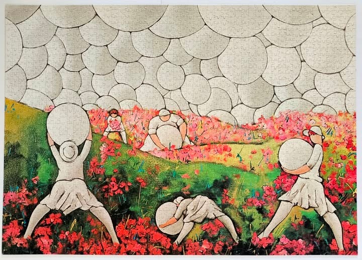 Illustration of four figures in a poppy field carrying large white spheres against a backdrop of overlapping grey circles.