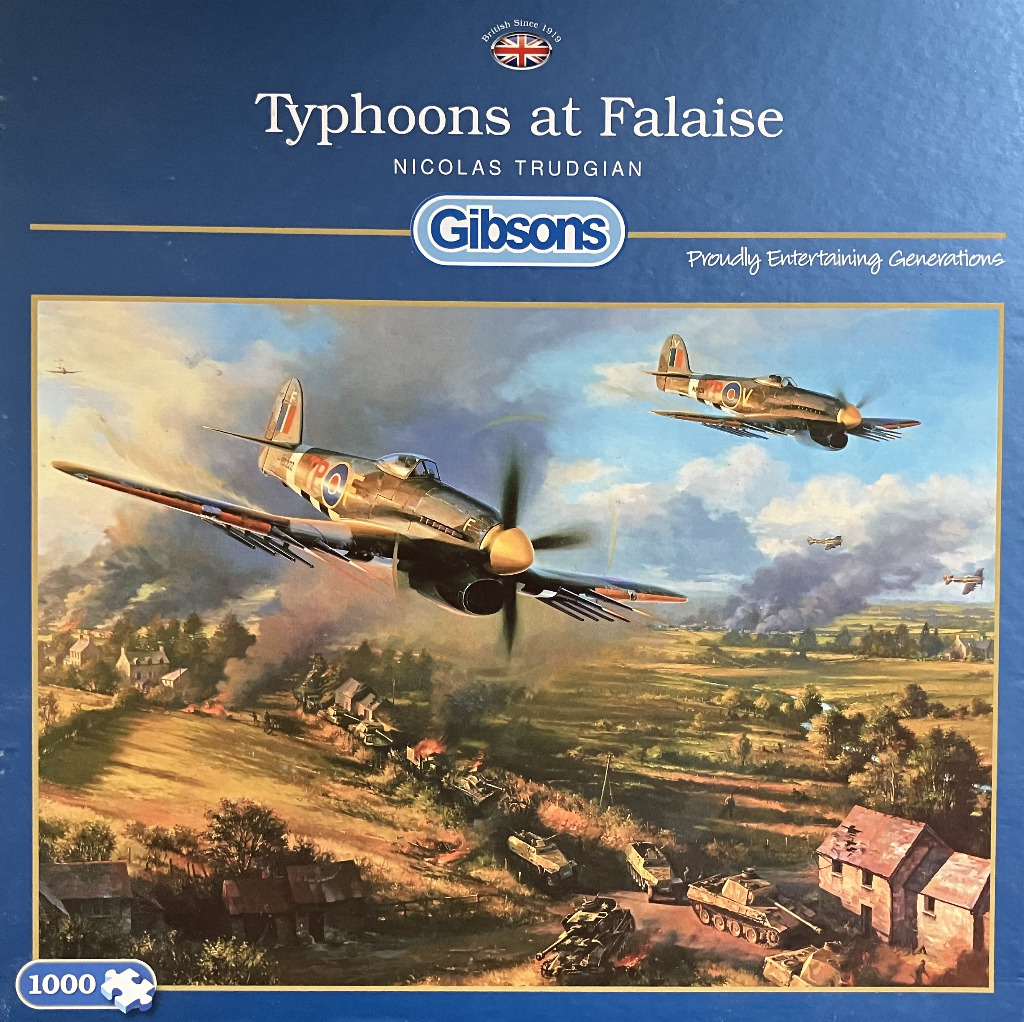 Painting of two RAF Hawker Typhoon fighter aircraft attacking a convoy of armored vehicles in the French countryside.