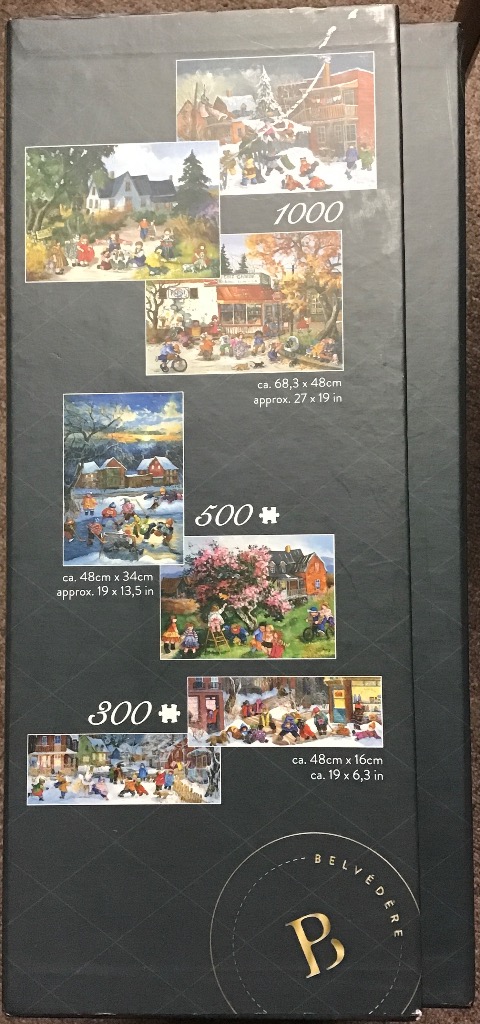 Illustrations of people enjoying winter, spring, and autumn village scenes.