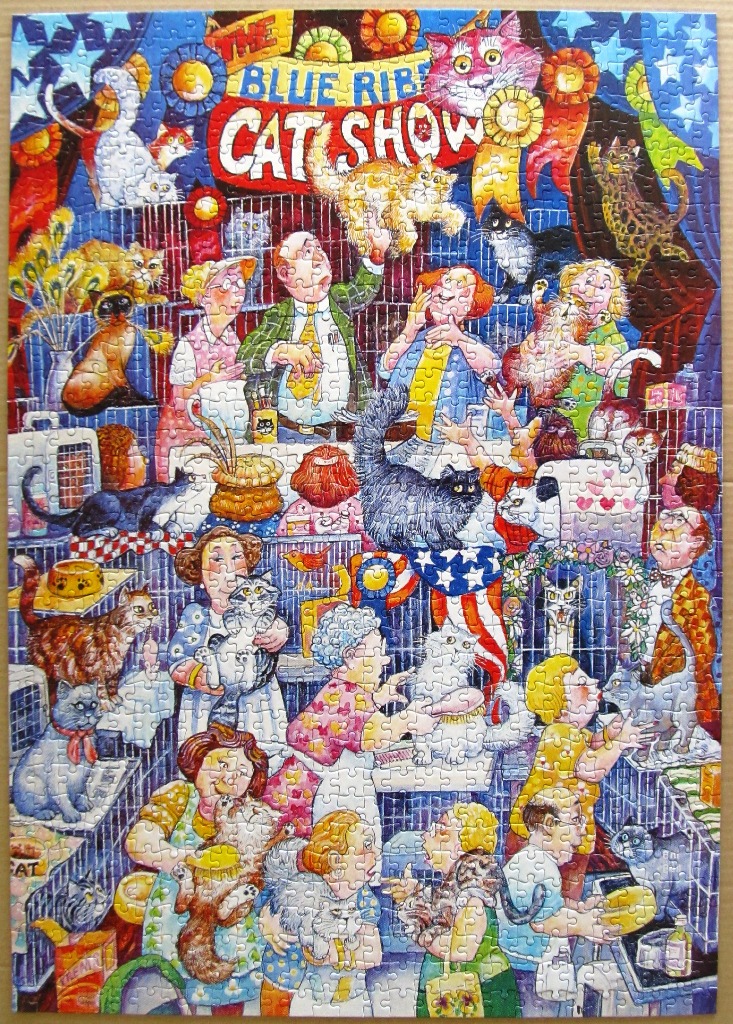A busy cartoon illustration of a chaotic cat show with many cats and people.