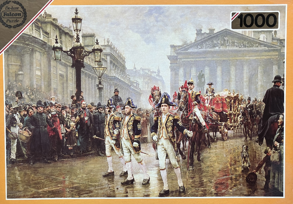 An oil painting of a 19th-century royal procession in London with guards and a carriage in front of the Royal Exchange.