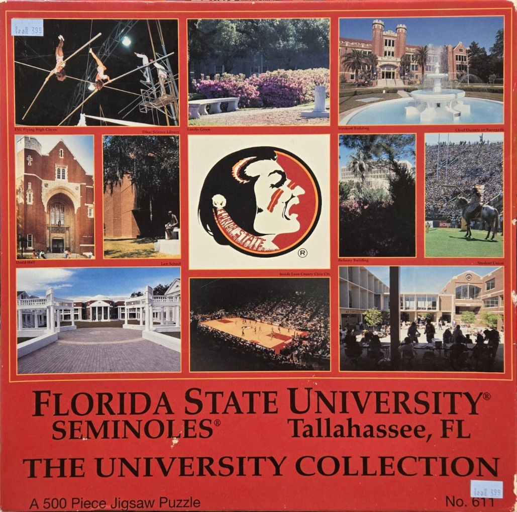 A collage of photographs showcasing the Florida State University campus and the Seminoles mascot logo.