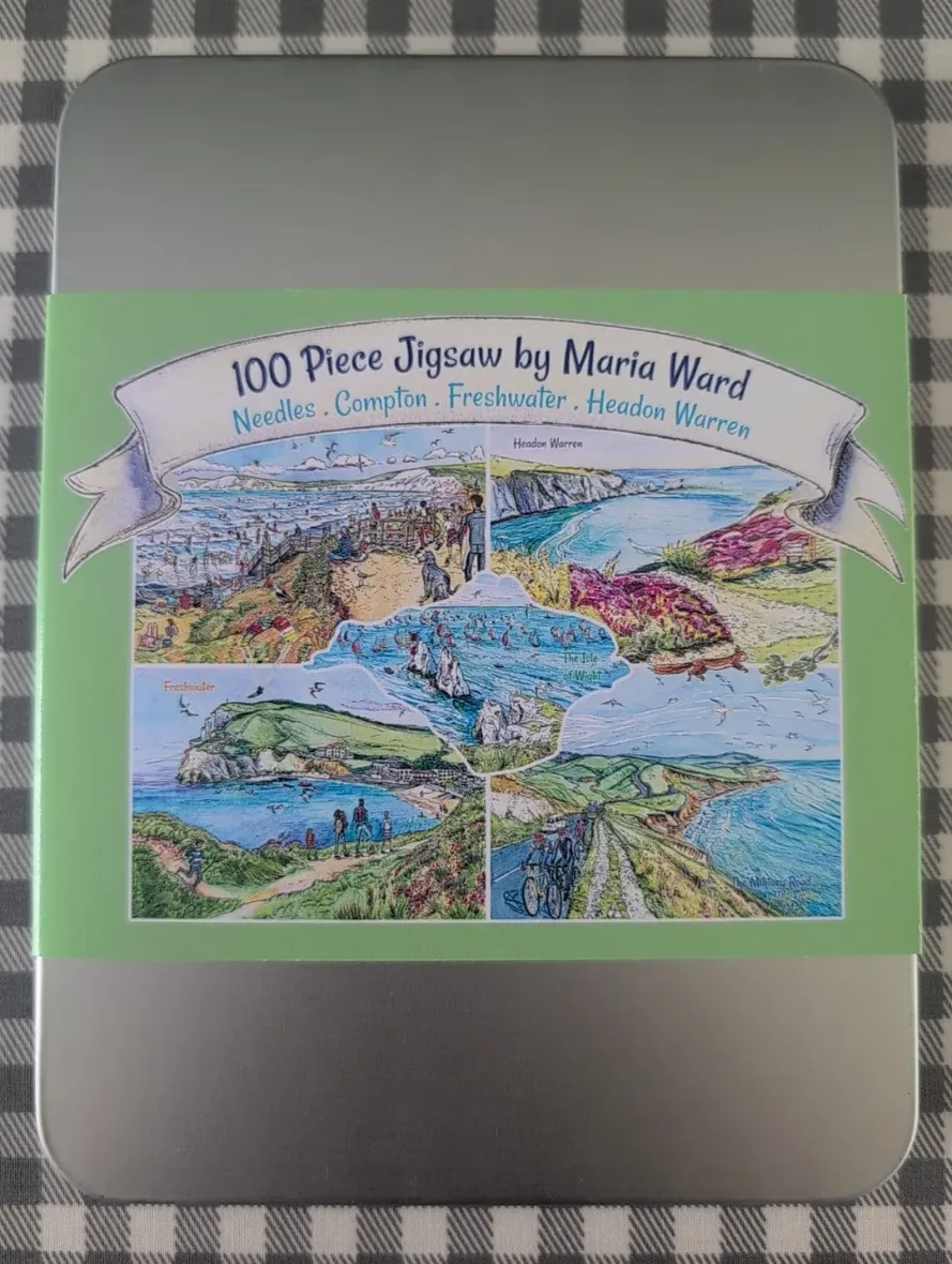 Illustrated collage of the Isle of Wight featuring Needles, Compton, Freshwater, and Headon Warren.