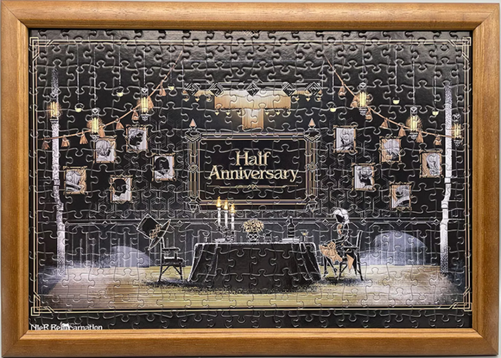 An elegant illustration celebrating a half-anniversary with hanging portraits and a dimly lit dinner table.