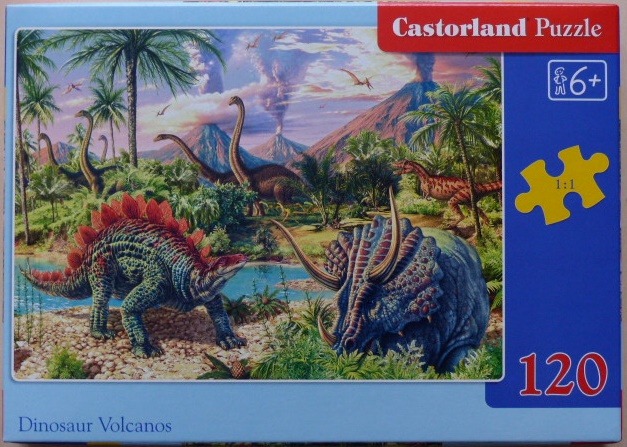 A prehistoric scene with dinosaurs, a lake, and active volcanoes in the background.