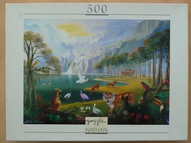 A peaceful landscape featuring Noah's Ark, mountains, a lake, and a wide variety of animals.