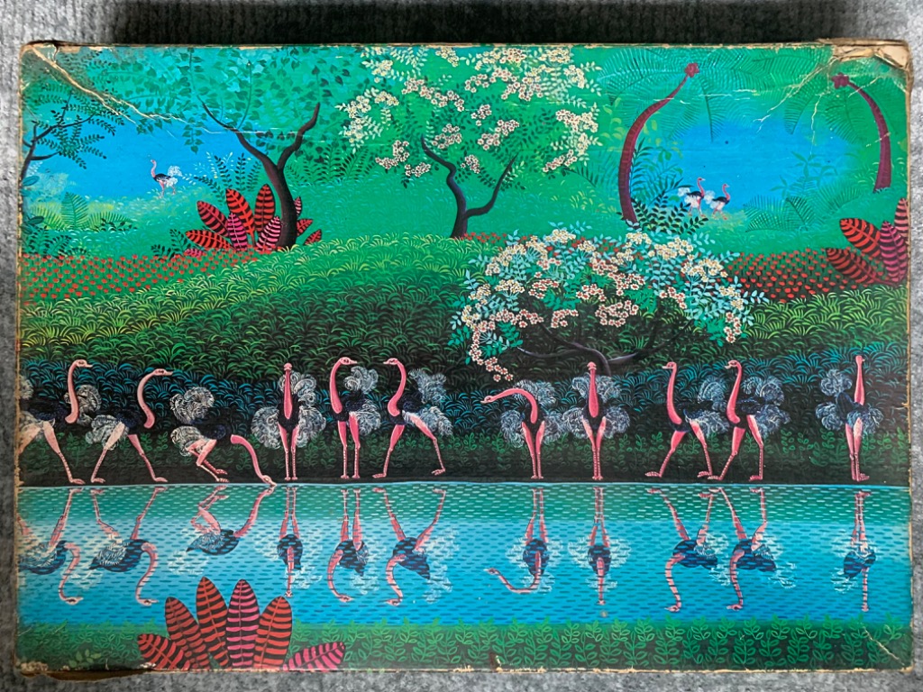 A whimsical illustration of a line of ostriches standing by a blue river against a dense, lush green jungle background.