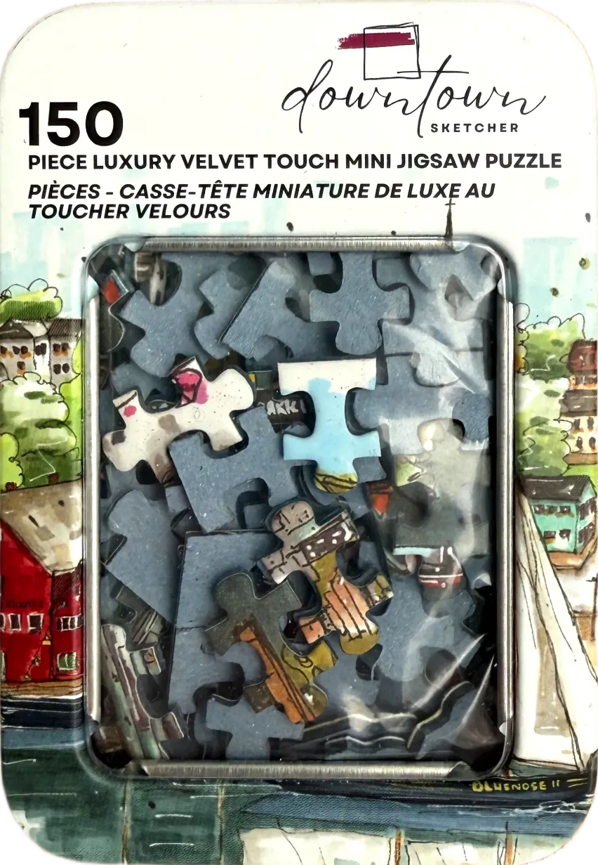 A pen and ink sketch of a waterfront town with red buildings and boats, partially obscured by loose puzzle pieces.