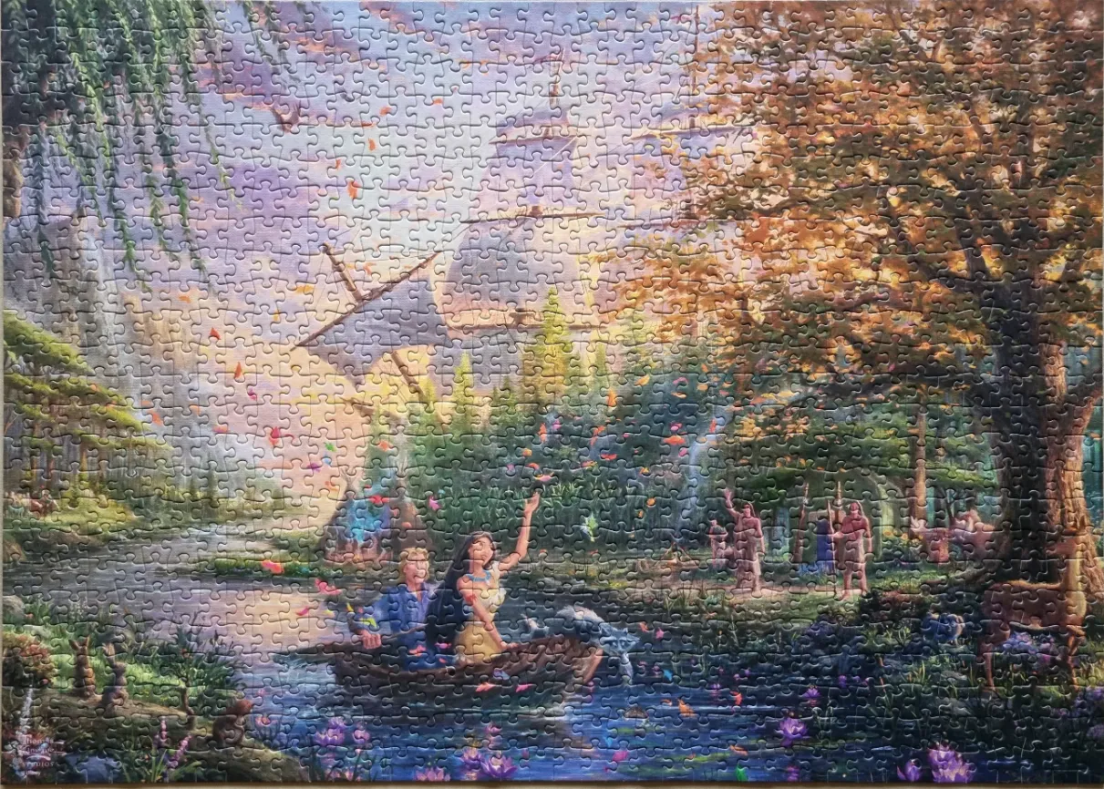 A cinematic illustration of a woman with long dark hair and a man in a canoe on a river near a forest and a tall ship.