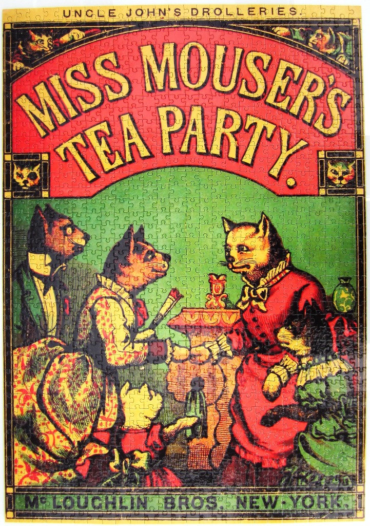 Vintage Victorian-style illustration featuring anthropomorphic cats in elegant clothing at a social gathering.