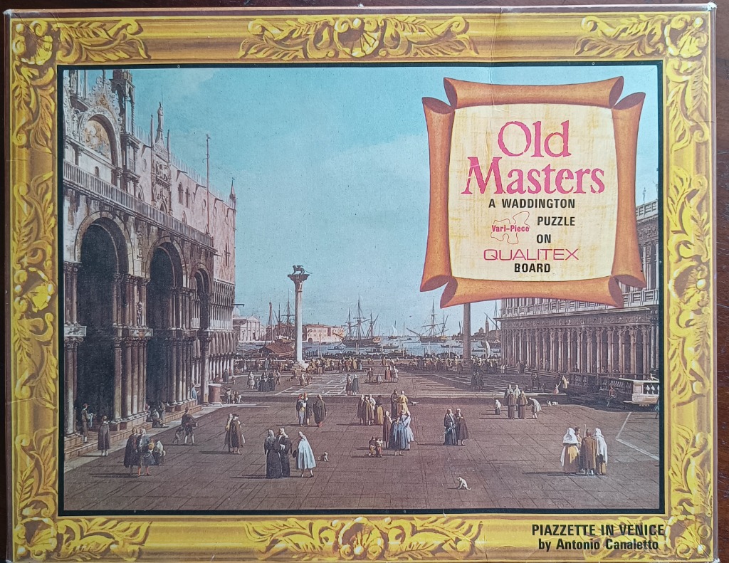 A painting of the Piazzetta in Venice by Canaletto showing the square with figures and the harbor in the background.