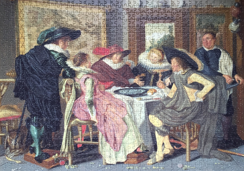 A group of people in 17th-century attire gathered around a table in a dimly lit, richly decorated room.