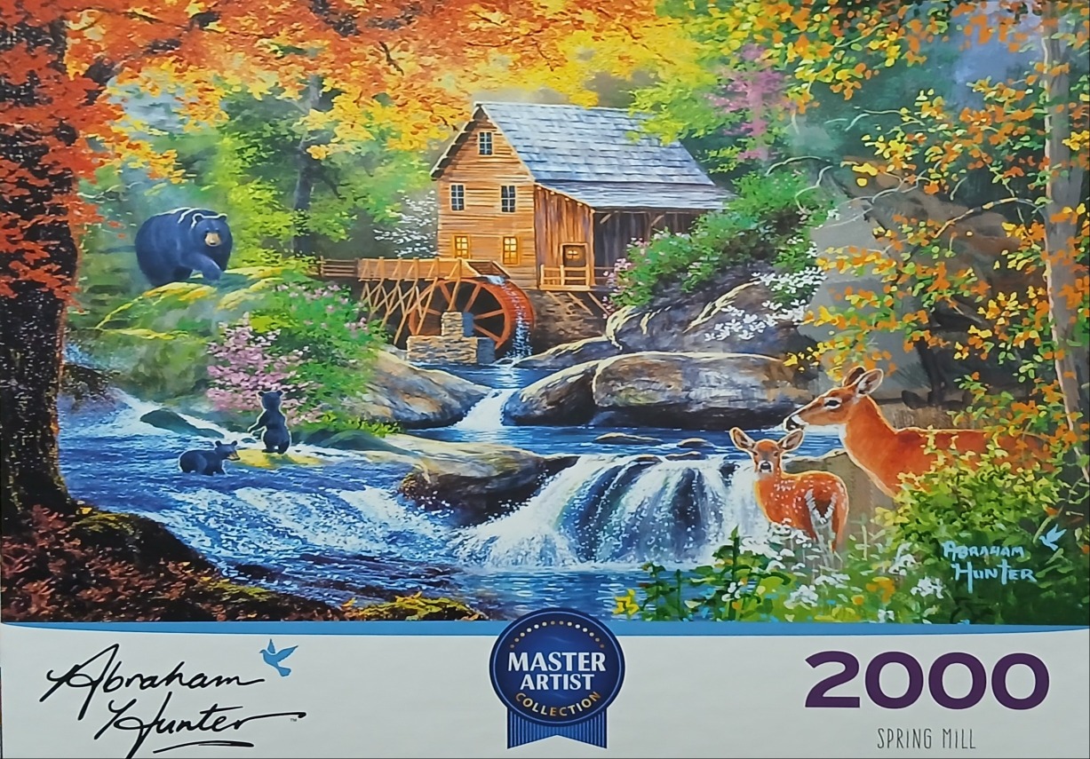 A scenic autumn landscape featuring a rustic water mill, a flowing stream, black bears, and white-tailed deer.