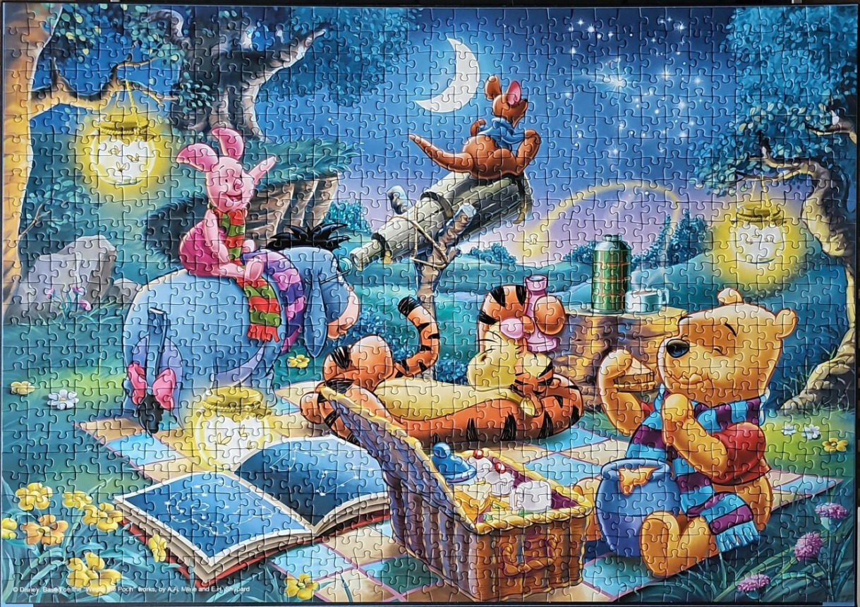 Winnie the Pooh and friends having a nighttime picnic under the stars.