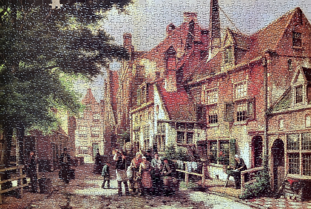 A nostalgic 19th-century street scene with red brick buildings and people in historical attire.