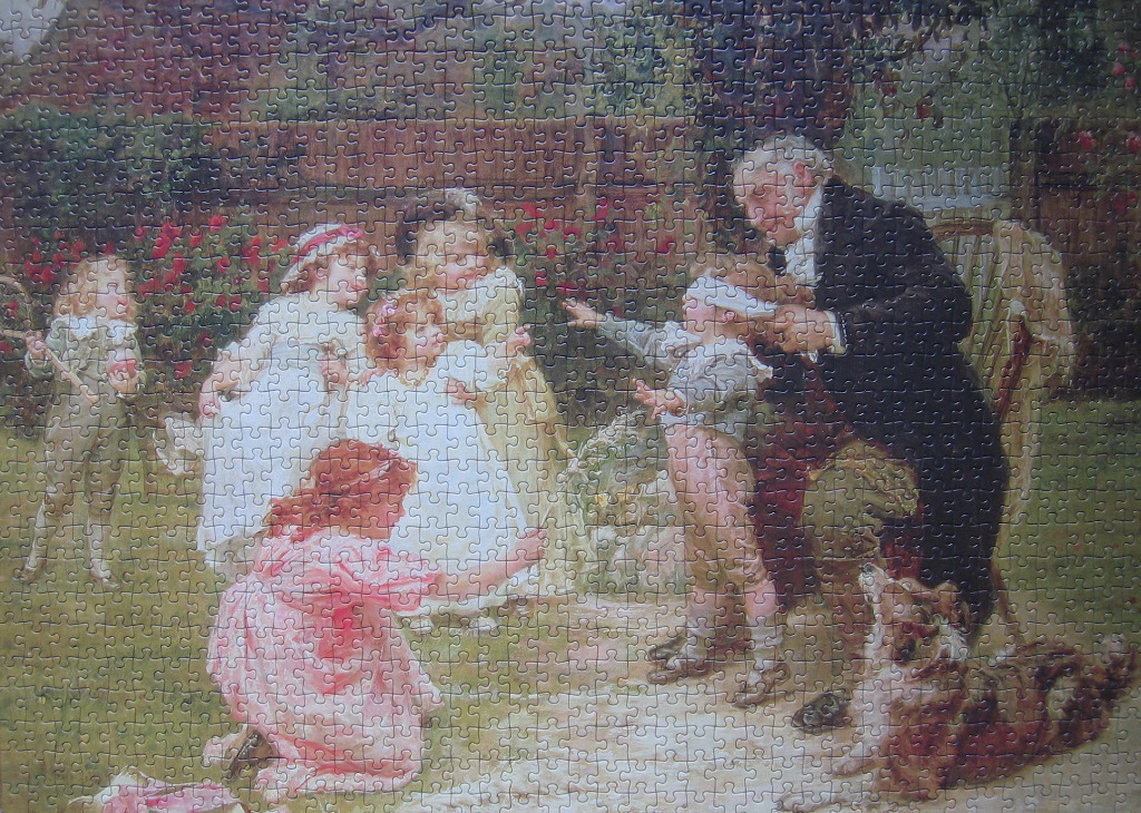 An illustration of children playing blindman's buff with an elderly man in a garden.