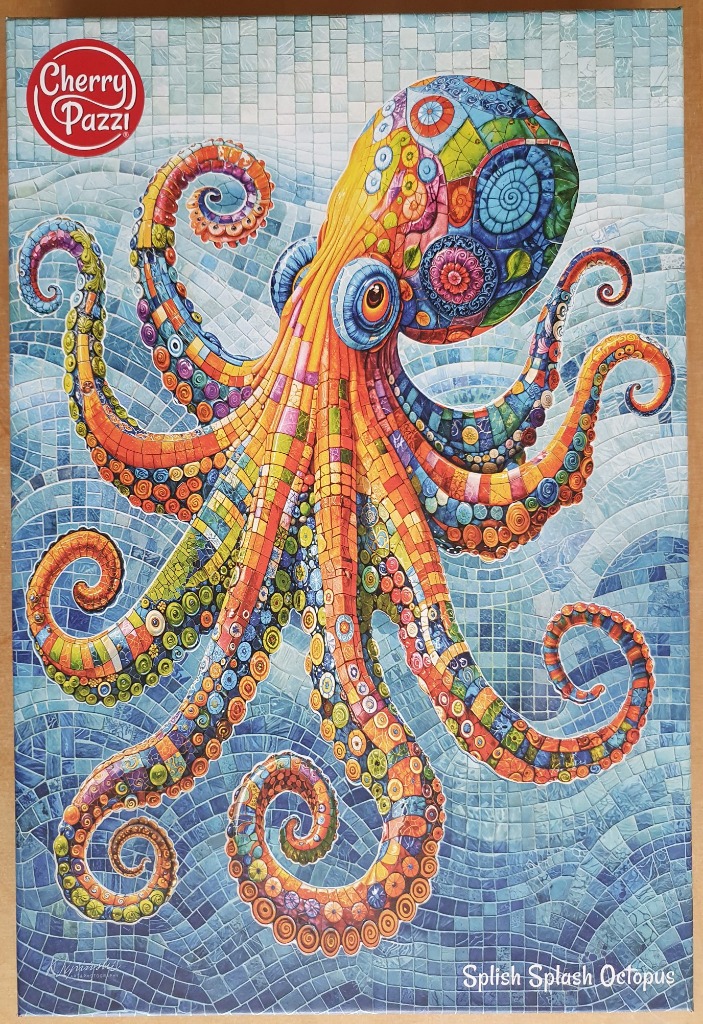 A brightly colored, mosaic-style octopus swimming against a blue tiled background.