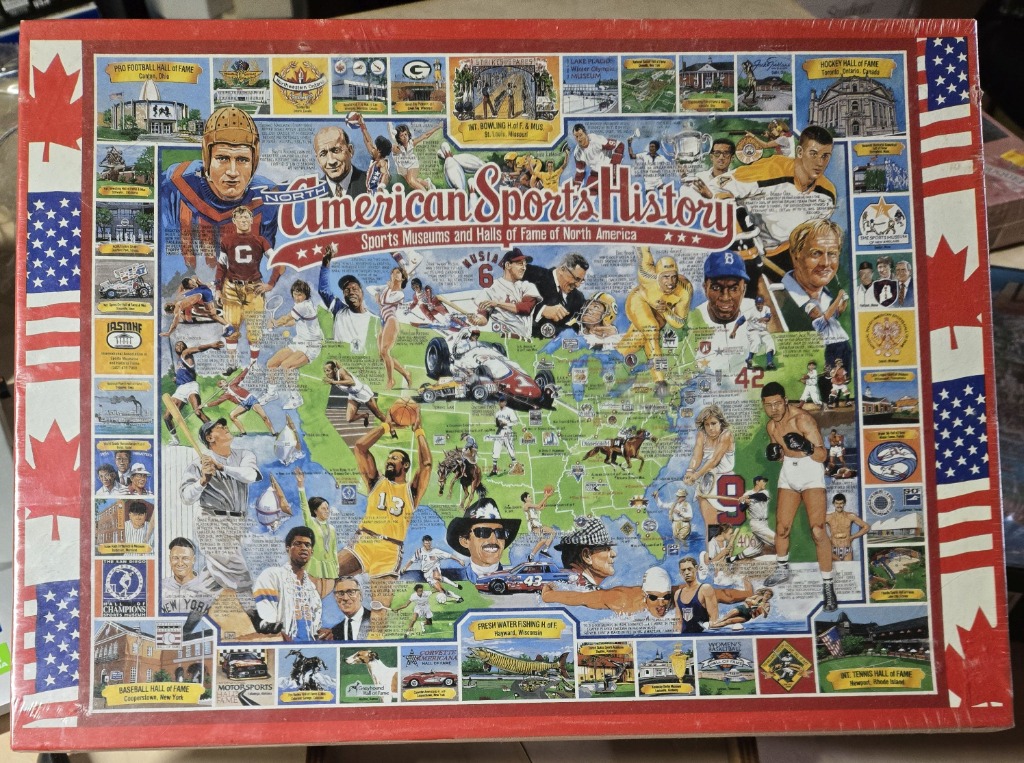 Collage illustration of North American sports history with a map, athletes, and various halls of fame.