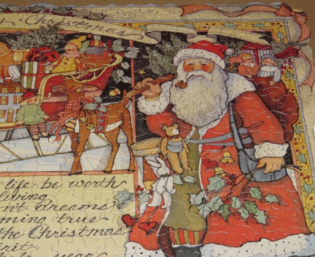 Vintage-style illustration of Santa Claus with toys and a reindeer sleigh on a decorative Christmas background.