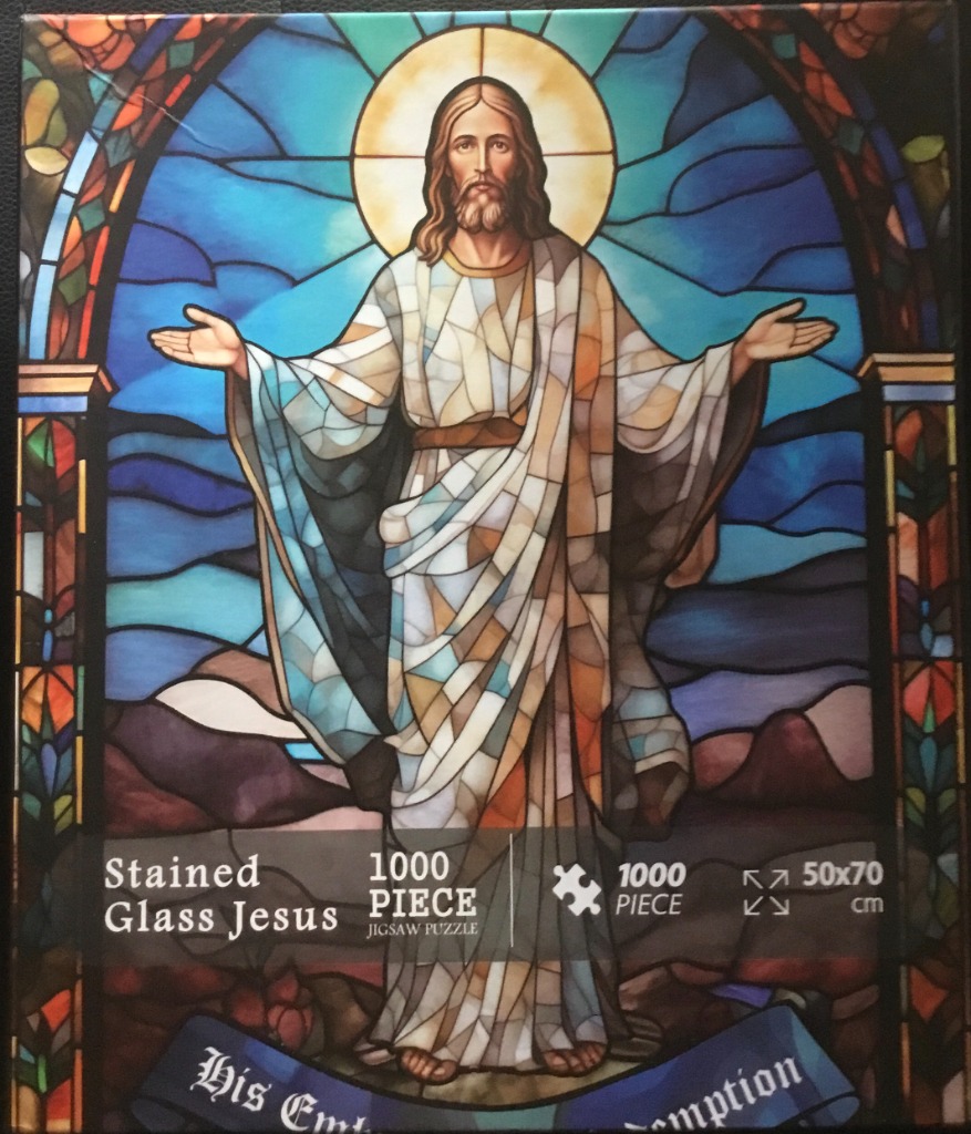Stained glass illustration of Jesus with arms outstretched in a radiant, arched frame.