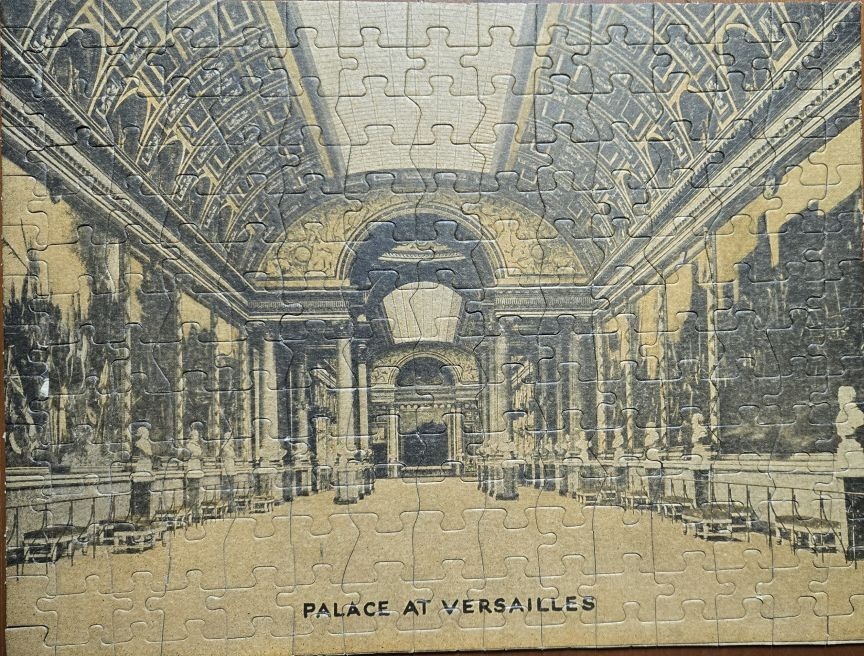 A sepia-toned vintage architectural print of the interior of the Palace at Versailles.