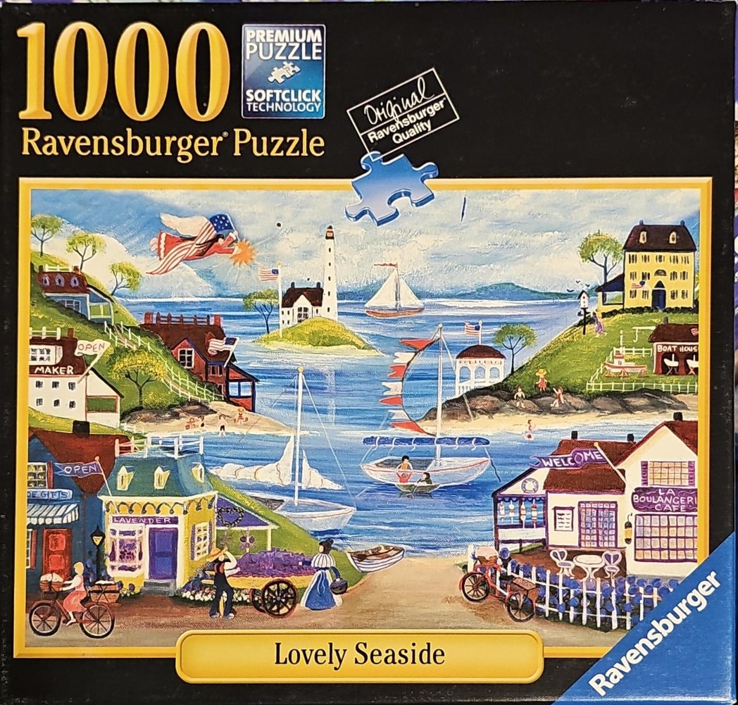 A folk-art style seaside village painting featuring cottages, a lighthouse, sailboats, and a blue sea.