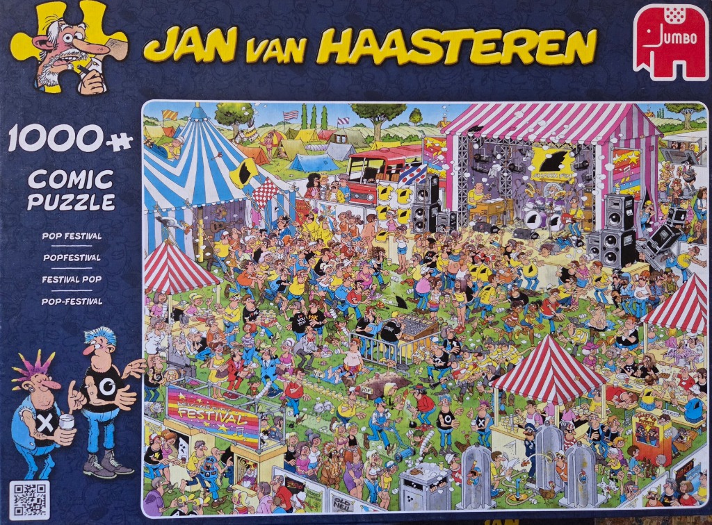 Busy, humorous cartoon illustration of a chaotic outdoor pop festival with crowds, stages, and tents.