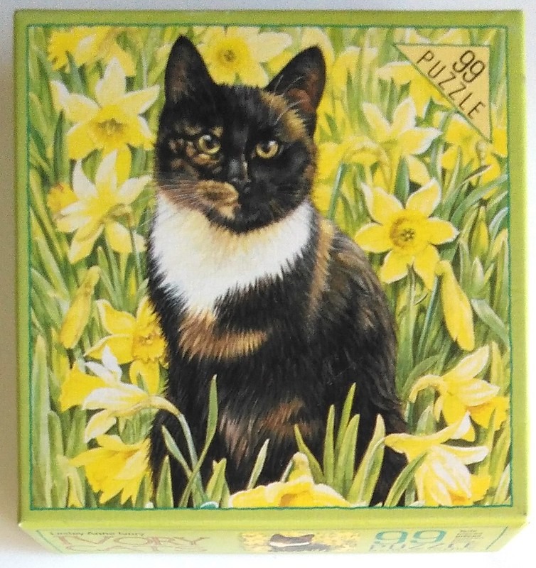 A painting of a tortoiseshell cat sitting among yellow daffodils.